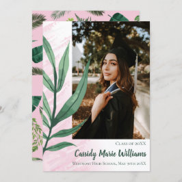 ヤシの葉グリーンピンクの植物の卒業発表 招待状