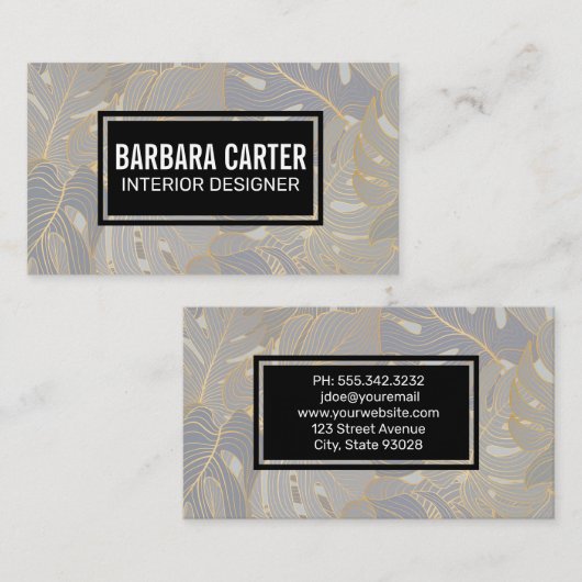 ヤシの葉シームレスパターン | 金ゴールドのリーフ線 名刺 (正面/裏面)