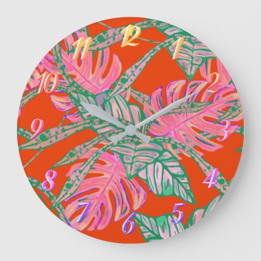 ヤシの葉モンステラ・コレウス熱帯性火赤 ラージ壁時計 (正面)