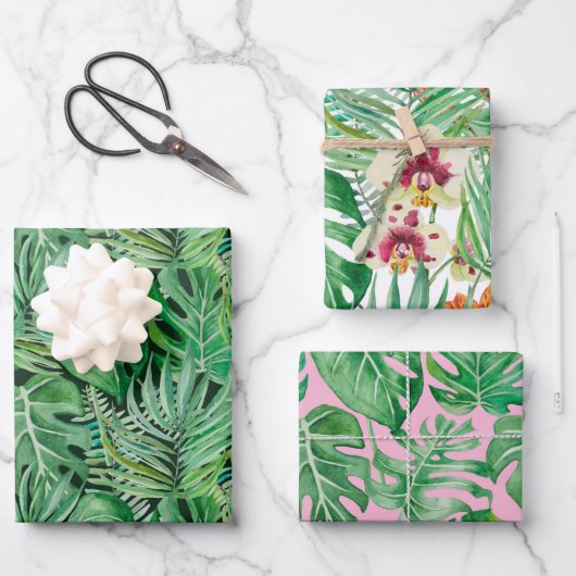 ヤシの葉木とモンステラの巨大な ラッピングペーパーシート (正面)