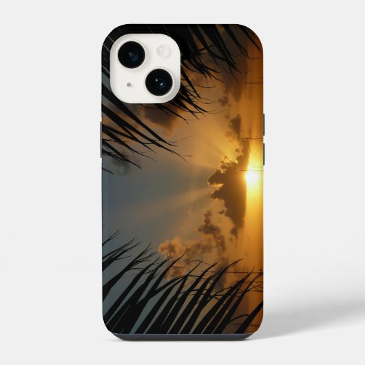 ヤシの葉越しの夕焼け 熱帯の海の風景 iPhoneケース (裏面)