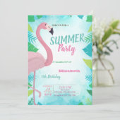 ヤシの葉、ピンクのフラミンゴ、夏の誕生日パーティー 招待状 (スタンド正面)