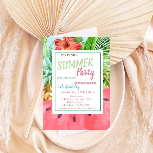 ヤシの葉，花，スイカ，パイナップル誕生日 招待状