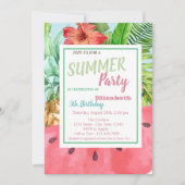 ヤシの葉，花，スイカ，パイナップル誕生日 招待状 (正面)