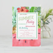 ヤシの葉，花，スイカ，パイナップル誕生日 招待状 (スタンド正面)