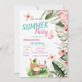 ヤシの葉、花、果実、蝶誕生日 招待状 (正面)