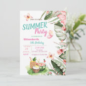 ヤシの葉、花、果実、蝶誕生日 招待状 (スタンド正面)