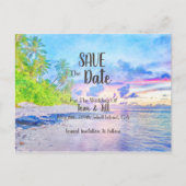 ヤシビーチ日没の水色日付を保存 案内ポストカード (正面)