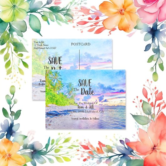 ヤシビーチ日没の水色日付を保存 案内ポストカード