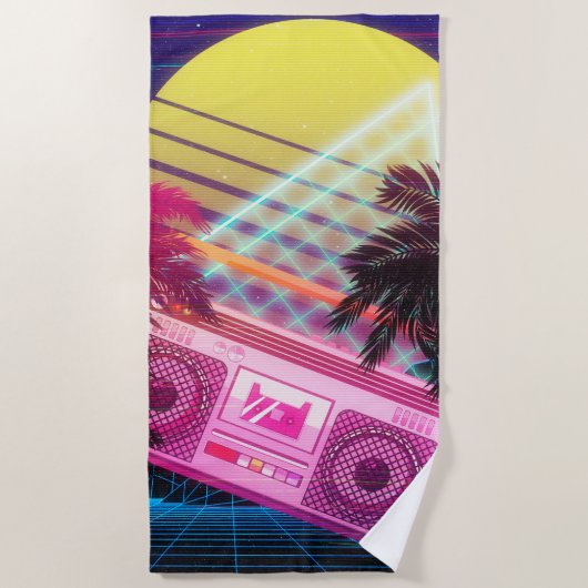 ヤシファンキーの木のある80代のピンクのボームボックス ビーチタオル (正面)