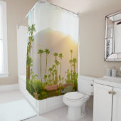 ヤシ春の日没、山とヤシの木 シャワーカーテン (インサイチュ)