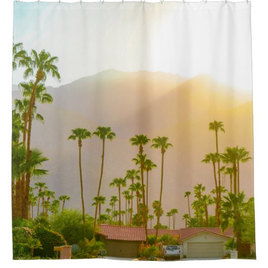 ヤシ春の日没、山とヤシの木 シャワーカーテン (正面)