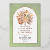 ヤシ、ススキセージ緑結婚のバラ金ゴールド 箔招待状 (正面)