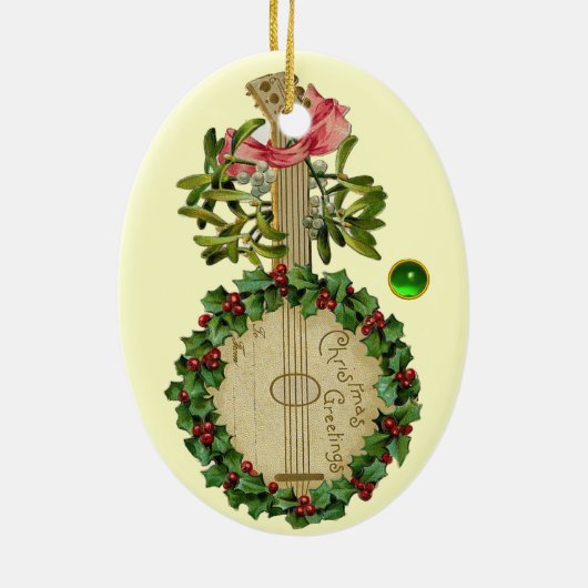 ヤドリギおよびヒイラギの果実が付いているクリスマスのバンジョー セラミックオーナメント (裏面)