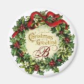 ヤドリギおよびヒイラギの果実が付いているクリスマスの王冠 マグネット (正面)