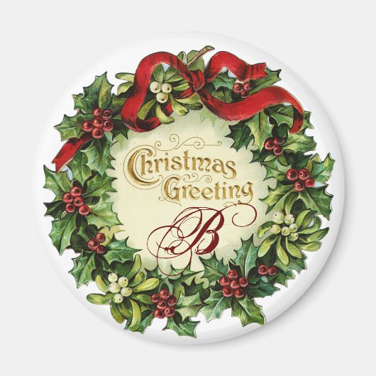 ヤドリギおよびヒイラギの果実が付いているクリスマスの王冠 マグネット (正面)