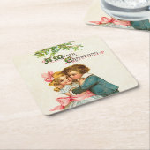 ヤドリギのクリスマスの下の子供 スクエアペーパーコースター (アングル)