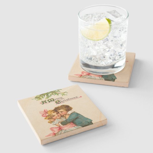 ヤドリギのクリスマスの下の子供 ストーンコースター (横)