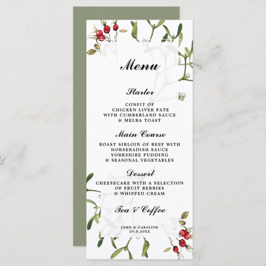 ヤドリギのベリー冬のウエディングメニューカード メニュー (正面/裏面)