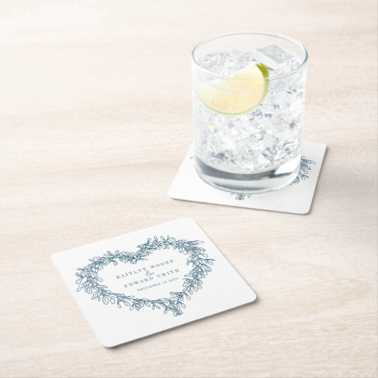 ヤドリギのラインアートブルー白い冬の結婚式 スクエアペーパーコースター (インサイチュ)