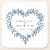 ヤドリギのラインアートブルー白い冬の結婚式 スクエアペーパーコースター (正面)