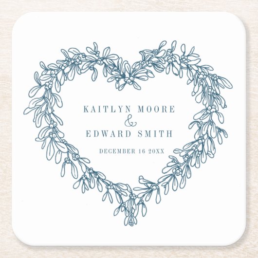 ヤドリギのラインアートブルー白い冬の結婚式 スクエアペーパーコースター (正面)