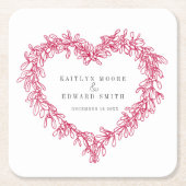 ヤドリギのラインアートレッド・ホワイト・ウィンター・ウェディングカスタム スクエアペーパーコースター (正面)