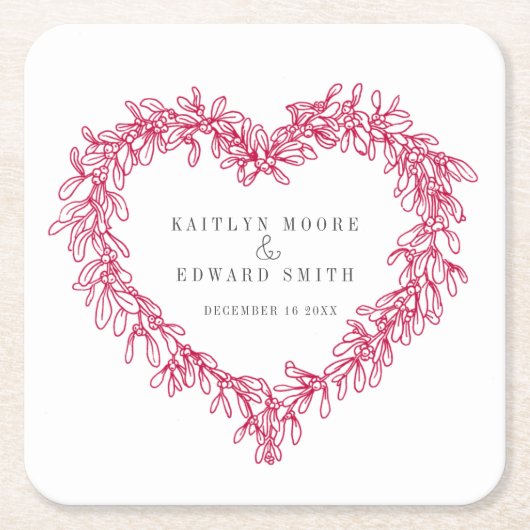 ヤドリギのラインアートレッド・ホワイト・ウィンター・ウェディングカスタム スクエアペーパーコースター (正面)