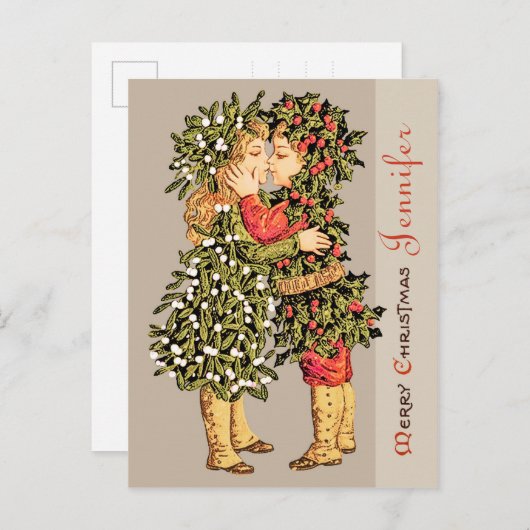 ヤドリギの女の子とホリーの男の子のキスCC0781クリスマス シーズンポストカード (正面/裏面)