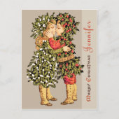 ヤドリギの女の子とホリーの男の子のキスCC0781クリスマス シーズンポストカード (正面)