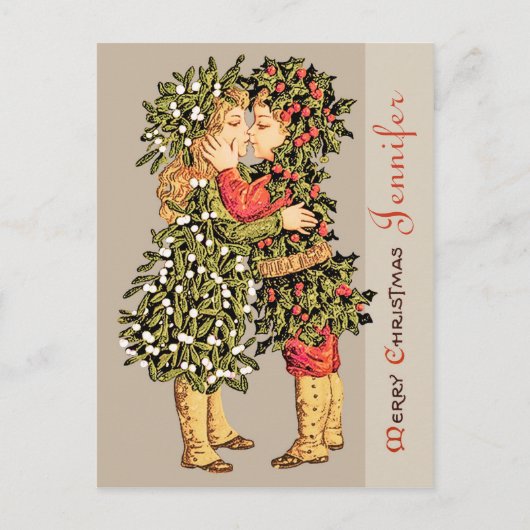ヤドリギの女の子とホリーの男の子のキスCC0781クリスマス シーズンポストカード (正面)