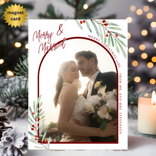 ヤドリギの新婚夫婦の写真のクリスマスマグネットカード