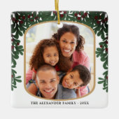 ヤドリギの葉の丸いフレーム2写真クリスマス セラミックオーナメント (正面)