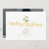 ヤドリギの金ゴールド台本メリークリスマス写真 シーズンカード (正面/裏面)