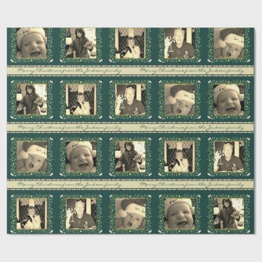 ヤドリギストライプのグリーンクリームクリスマス写真 ラッピングペーパー (フラット)
