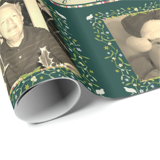 ヤドリギストライプのグリーンクリームクリスマス写真 ラッピングペーパー (ロールコーナー)