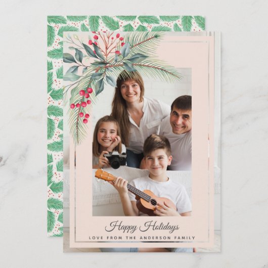 ヤドリギリースクリスマスファミリーフォト赤面ピンク シーズンカード (正面/裏面)