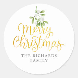 ヤドリギ ゴールド手書き風フォント メリークリスマス 家族の名前 ラウンドシール