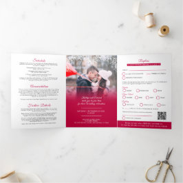 ヤナギタンポポの赤い結婚式の食事オプション RSVP QR コード 三つ折り招待状