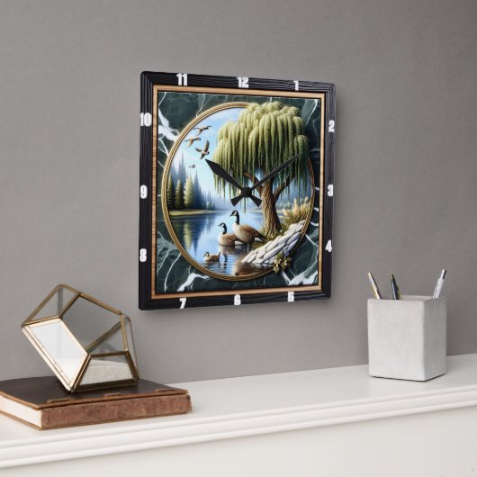 ヤナギ素朴ガチョウの水辺 スクエア壁時計 (オフィス)