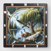 ヤナギ素朴ガチョウの水辺 スクエア壁時計 (正面)