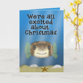 ヤマアラシのパッファーの魚のクリスマス カード (黄色い花)