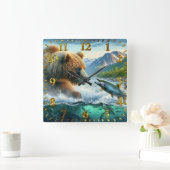 ヤマザメが飛び跳ねる白熊 スクエア壁時計 (ホーム)