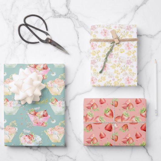 ヤマドフラワーティーカップイチゴフィールド子供部屋 ラッピングペーパーシート (正面)