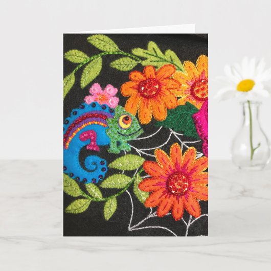 ヤモリの刺繍フェルトビーズスパンコール カード (小さな植物)