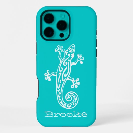 ヤモリ 爬虫類 白+アクア 名前入り iPhoneケース (裏面)