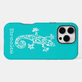 ヤモリ 爬虫類 白+アクア 名前入り iPhoneケース (裏面横)
