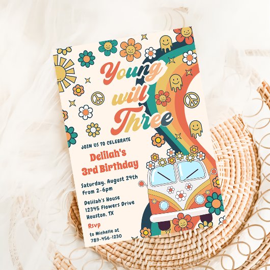 ヤングウィルサン レトロ フラワー 3歳 誕生日パーティー 招待状
