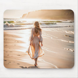 ヤングウーマン歩くザビーチ マウスパッド
