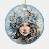 ヤングガールオールドファッションドポートレートフローラハット セラミックオーナメント (正面)